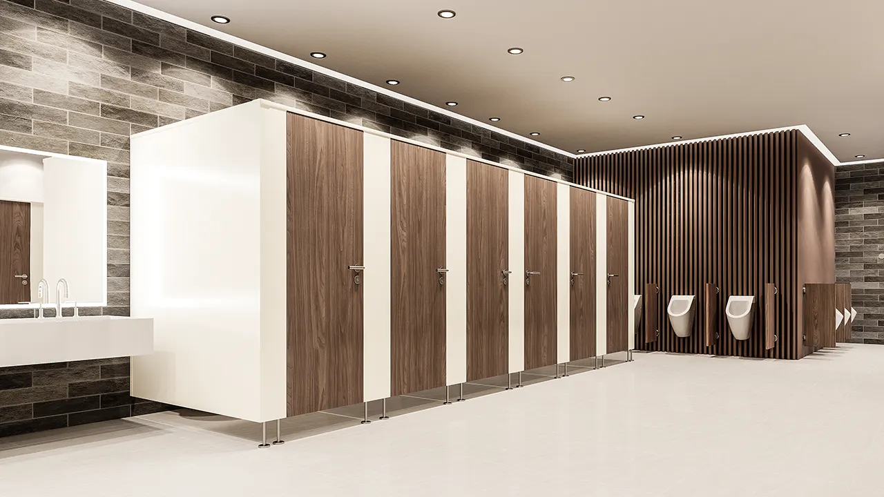 WC partitions made of wood